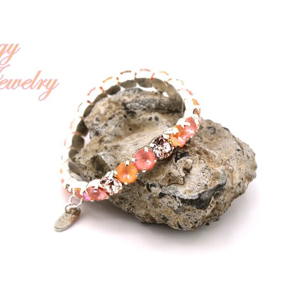 Flamingo Glow Peach and Pink Crystal Stretch Bracelet Made with Austrian Crystal - Picture 5 of 9